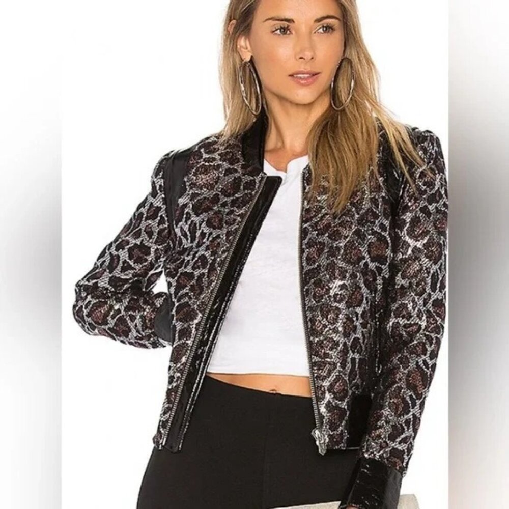 The Mighty Company Women's Jacket Leopard Print Metallic Pockets Full Zip M
